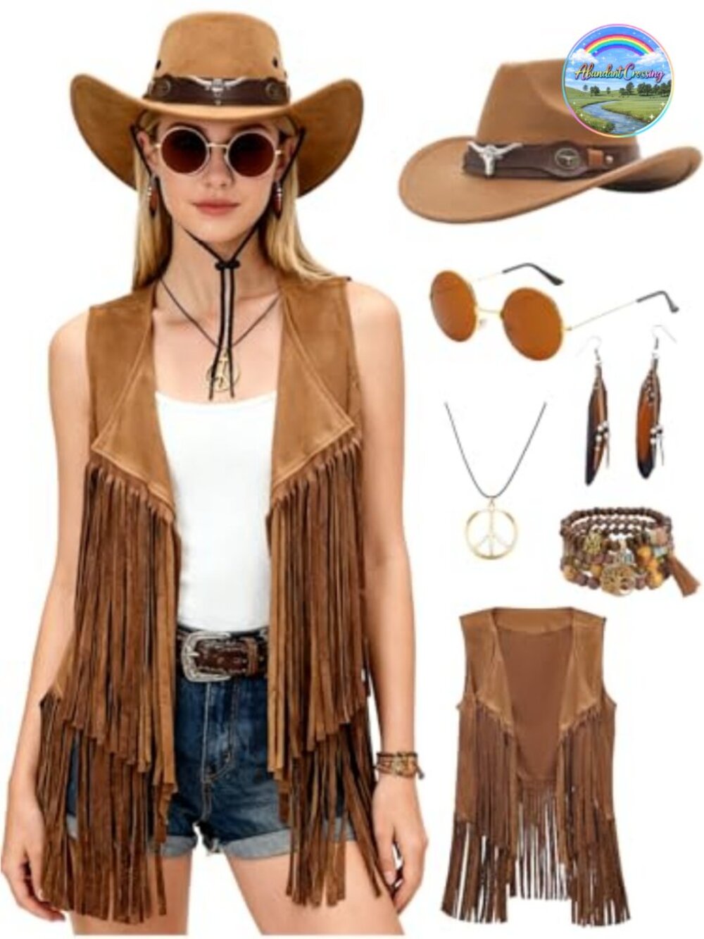 Faux Suede Fringe Vest Cowboy Hat 6PC Western Cowgirl Costume Set